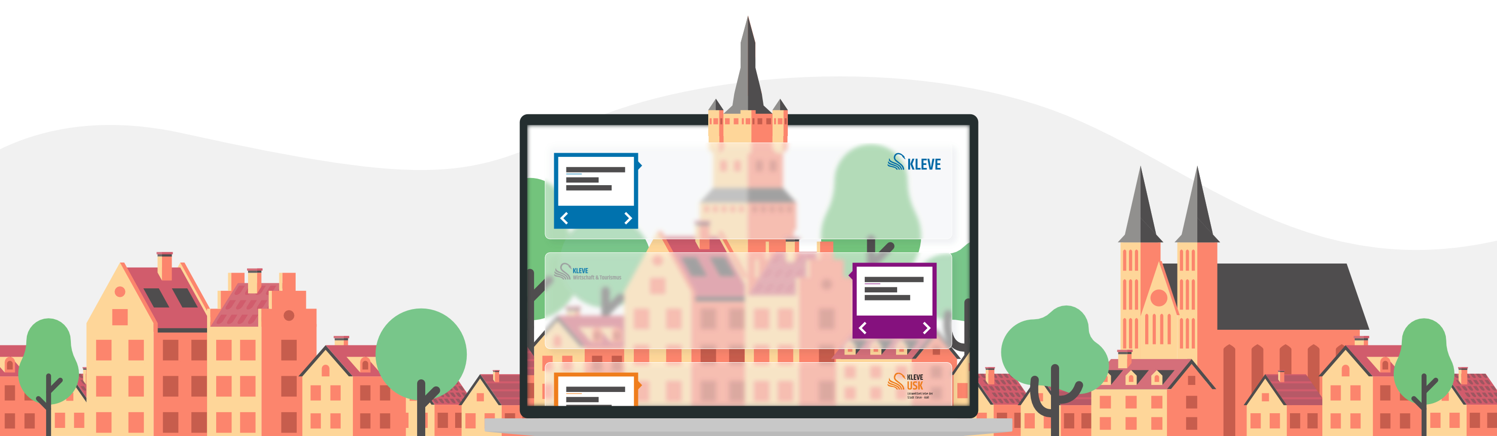 Eine Illustration der Klever Skyline mit einer abstrahierten Darstellung der neuen Internetseite