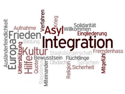 Schriftzug Asyl und Integration umrahmt von weiteren Begriffen in horizontaler und vertikaler Ausrichtung 