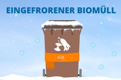 Eine Illustration einer Biotonne der USK in einem winterlichen Umfeld. Darüber der Text: "Eingefrorener Biomüll"