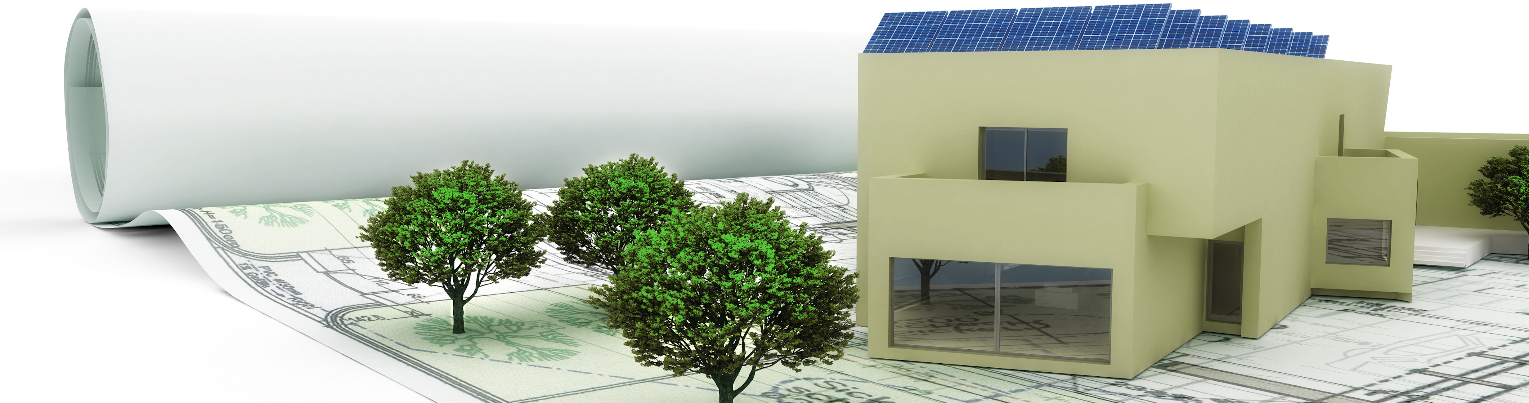 Symbolbild: Hausmodell mit digitalerstellten Bäumen auf einer Planungsskizze