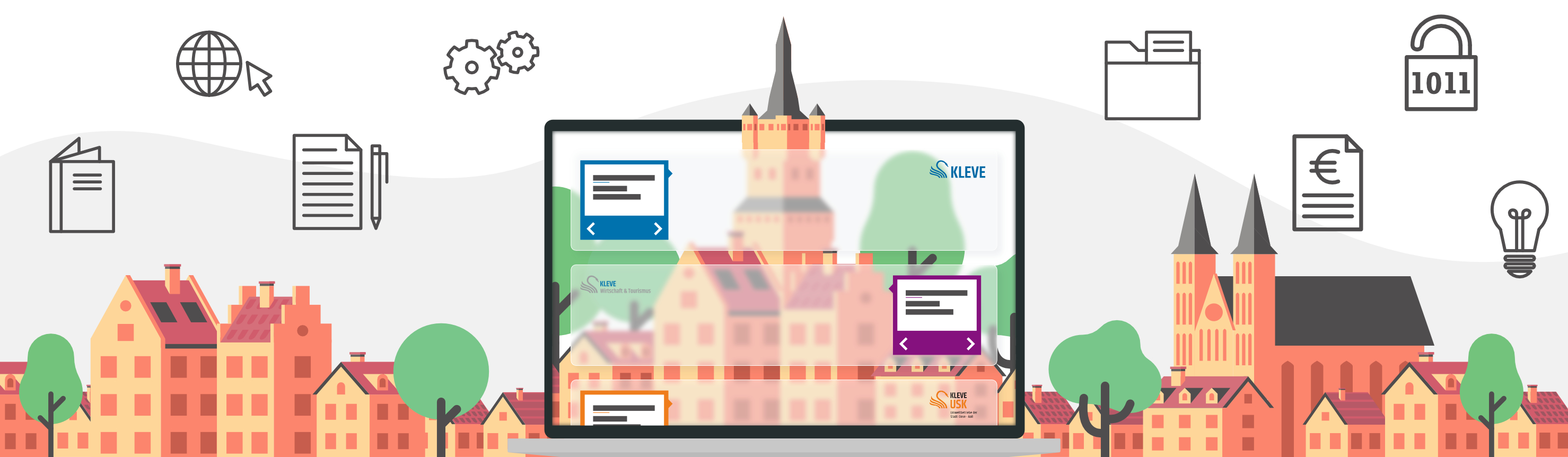 Eine Illustration der Klever Skyline mit einer abstrahierten Darstellung der neuen Internetseite