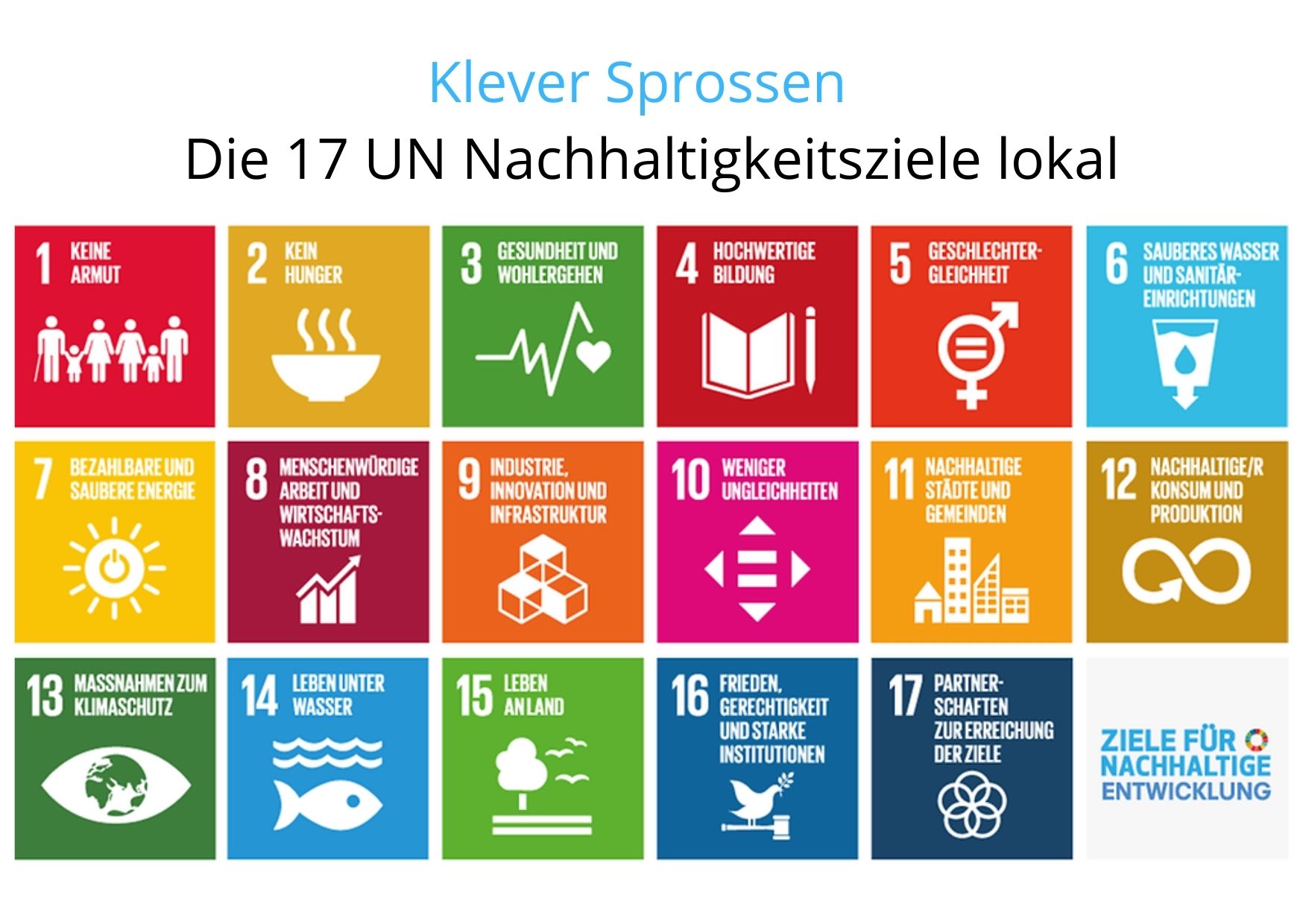 Die 17 UN Nachhaltigkeitsziele unter dem Schriftzug "Klever Sprossen"