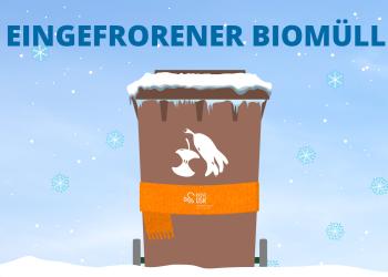 Eine Illustration einer Biotonne der USK in einem winterlichen Umfeld. Darüber der Text: "Eingefrorener Biomüll"