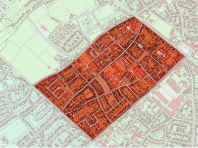 Kartenausschnitt mit einem roange hervorgehobenen Bereich eines Stadtquartiers