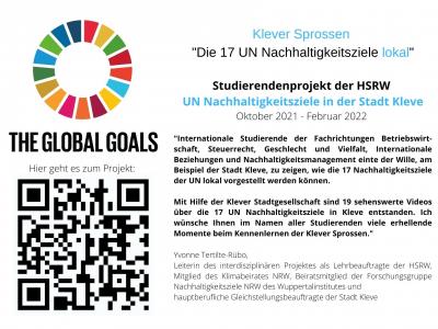 Ein Postkarte mit Erklärung und QR-Code zum Projekt "Klever Sprossen Die 17 UN Nachhaltigkeitsziele lokal"