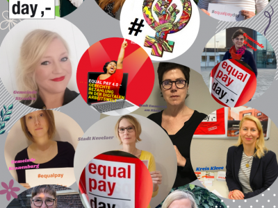 Ein Plakat für den Equal Pay Day 2022 zeigt die Gleichstellungsbeauftragen der Umgebung die Schilder mit Eual Pay Day hochhalten 