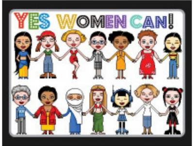 Unter dem Schriftzug "Yes Women Can" sind Zeichnungen von verschiedenen Frauen. die sich alle an den Händen halten 