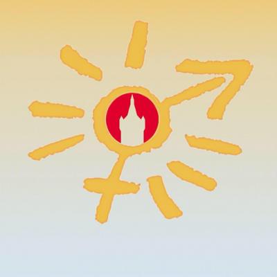 Das Logo der Gleichstellungsstelle Kleve zeigt die zusammengefügten Symbole von Mann und Frau in einer gelben Sonnenzeichnung mit dem Umriss der Schwanenburg auf rotem Hintergrund in der Mitte 