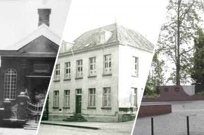 Eine Collage der verschiedenen Cover der ersten Podcast-Reihe des Klever Stadtarchivs - Klever Synagoge, jüdische Schule und heutiger Synagogenplatz