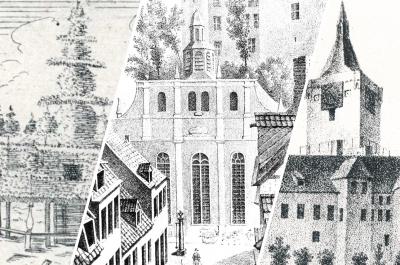 Eine Collage der verschiedenen Cover der zweiten Podcast-Reihe des Klever Stadtarchivs - Lindenbaum, reformierte Kirche und Schwanenburg