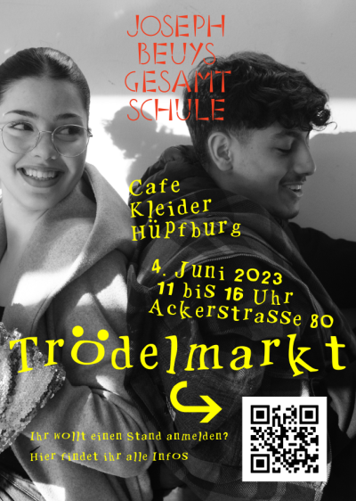 Ein Plakat für den Trödelmarkt an der Joseph Beuys Gesamtschule am 04.06.2023