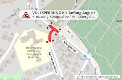 Die Kreuzung Königsallee / Annabergstraße / Bresserbergstraße wird bis Anfang August gesperrt