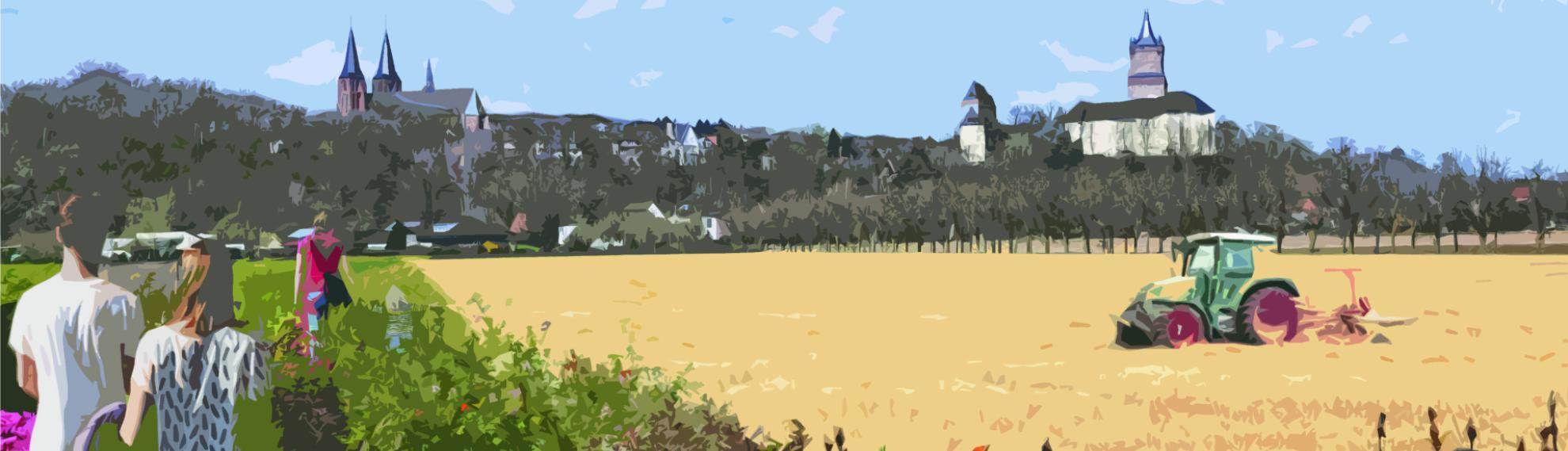 Eine Illustration einer möglichen Installation zur Landesgartenschau 2029 in den Galleien, im Hintergrund die Silhouette der Stiftskirche und der Schwanenburg